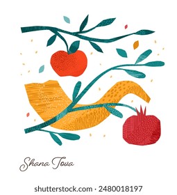 Rosh Hashanah, Rosh Hashana, Jewish New Year. Hand Drawn illustrations, vector design. Apples and pomegranate, Jewish New Year symbols and vector icons