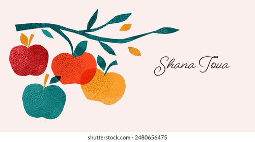 Rosh Hashanah, Rosh Hashana, Jewish New Year. Hand Drawn illustrations, vector design. Apples and pomegranate, Jewish New Year symbols and vector icons