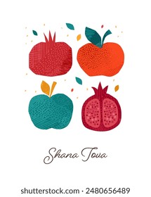 Rosh Hashanah, Rosh Hashana, Jewish New Year. Hand Drawn illustrations, vector design. Apples and pomegranate, Jewish New Year symbols and vector icons