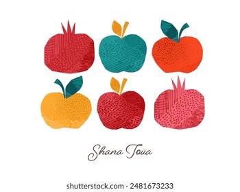 Rosh Hashanah, Rosh Hashana, Jewish New Year. Hand Drawn illustrations, vector design. Apples and pomegranate, Jewish New Year symbols and vector icons