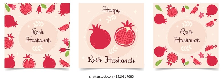 Rosh Hashanah Hebrew new year card, social media post template set  with hand drawn pomegranate.