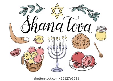 Conjunto de doodle de color de vacaciones Rosh Hashanah con texto de caligrafía Shana Tova. Composición de contorno de Vector monocromo con artículos relacionados con vacaciones judías aisladas sobre fondo blanco