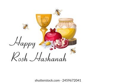 
Rosh Hashanah holiday composition. Freehand drawing, isolated on white background, clipart. Vector illustration.