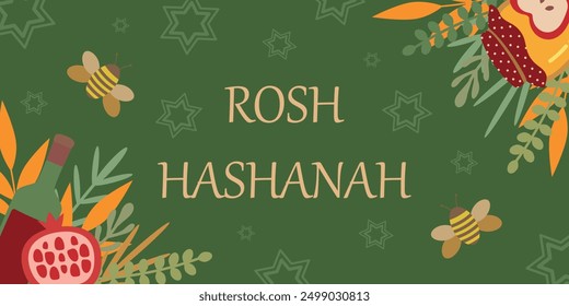 Rosh Hashanah holiday concept, banner or greeting card. Wine, honey, pomegranate and text on a green background. Vector illustration, ready-made design