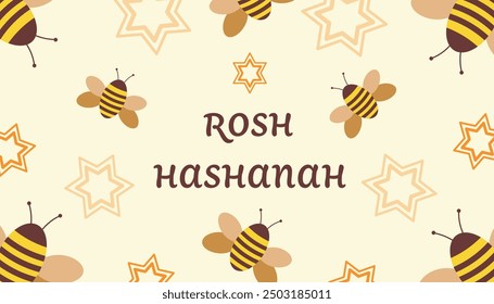 Rosh Hashanah holiday concept, banner or greeting card. Bee, star of David and text on a light background. Vector illustration in modern style