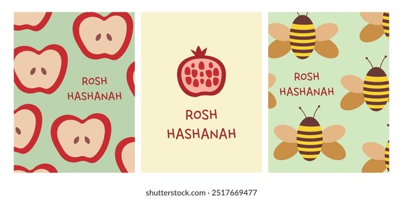 Rosh Hashanah holiday concept, card set. Pomegranate, apple and bee. Vector illustration, ready for design