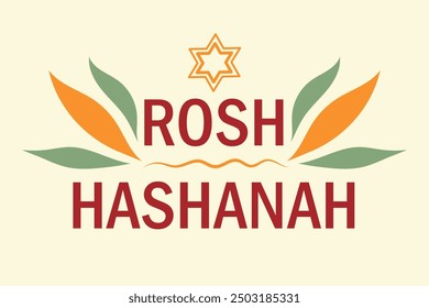 Rosh Hashanah holiday concept, greeting card or banner. Star of David, leaves and text. Vector illustration for your design