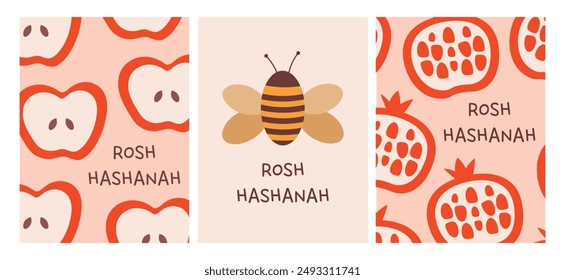 Rosh Hashanah holiday concept. Set of cards with apple, pomegranate and bee. Vector illustration