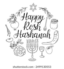 Rosh Hashanah holiday doodle set with calligraphy lettering in round shape. Monochrome vector contour composition with related items to Jewish holiday isolated oh white background