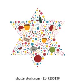 Rosh Hashanah holiday flat design icons set in star of david shape.