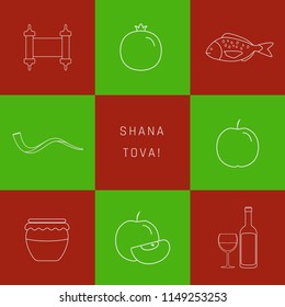 Rosh Hashanah holiday flat design white thin line icons set with text in english "Shana Tova" meaning "Have a good year". Green and red background.
