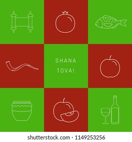 Rosh Hashanah holiday flat design white thin line icons set with text in english "Shana Tova" meaning "Have a good year". Green and red background.
