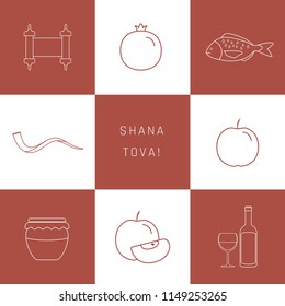 Rosh Hashanah holiday flat design white thin line icons set with text in english "Shana Tova" meaning "Have a good year". Red and white background.
