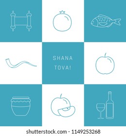 Rosh Hashanah holiday flat design white thin line icons set with text in english "Shana Tova" meaning "Have a good year". Blue and white background.
