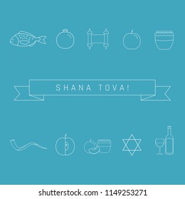 Rosh Hashanah holiday flat design white thin line icons set with text in english "Shana Tova" meaning "Have a good year". Blue and white background.
