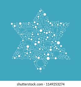 Rosh Hashanah holiday flat design white thin line icons set in star of david shape.
