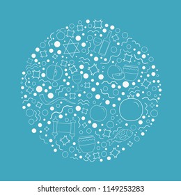 Rosh Hashanah holiday flat design white thin line icons set in round shape.