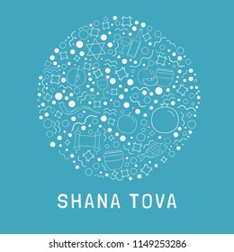 Rosh Hashanah holiday flat design white thin line icons set in round shape with text in english "Shana Tova" meaning "Have a good year".
