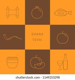 Rosh Hashanah holiday flat design thin line icons set with text in english "Shana Tova" meaning "Have a good year". Orange and brown background.
