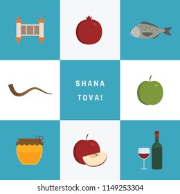 Rosh Hashanah holiday flat design icons set with text in english "Shana Tova".