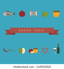 Rosh Hashanah holiday flat design icons set with text in english "Shana Tova".