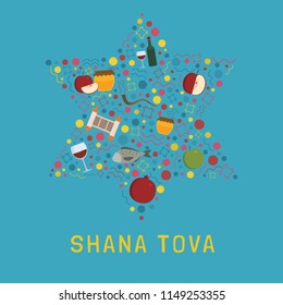 Rosh Hashanah holiday flat design icons set in star of david shape with text in english "Shana Tova".