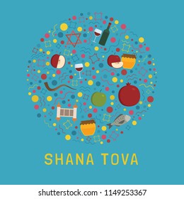 Rosh Hashanah holiday flat design icons set in round shape with text in english "Shana Tova".