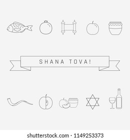 Rosh Hashanah holiday flat design black thin line icons set with text in english "Shana Tova" meaning "Have a good year".
