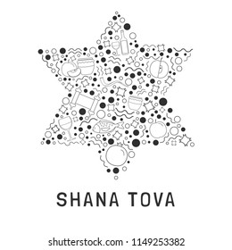 Rosh Hashanah holiday flat design black thin line icons set in star of david shape with text in english "Shana Tova" meaning "Have a good year".

