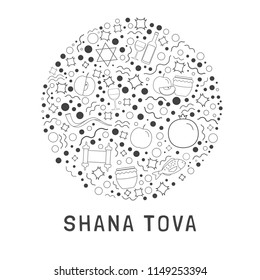 Rosh Hashanah holiday flat design black thin line icons set in round shape with text in english "Shana Tova" meaning "Have a good year".
