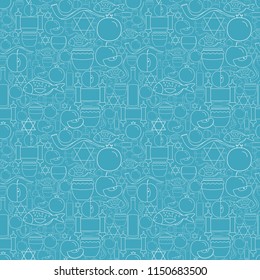 Rosh Hashanah holiday flat design white thin line icons seamless pattern.