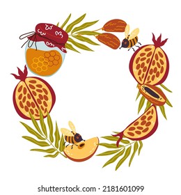 Rosh Hashanah holiday frame design, hand drawn vector illustration isolated. Rosh hashanah Jewish New Year decorative circle frame or border template with pomegranate and honey.