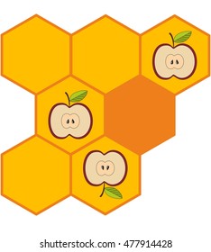Rosh Hashanah holiday.  Greeting card Jewish New Year. Vector design illustration
Painted half apple in the honey comb