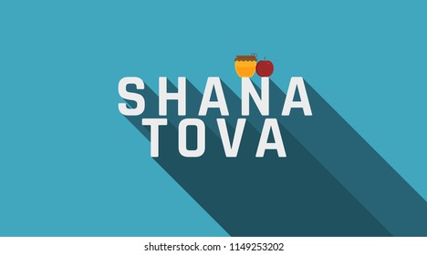 Rosh Hashanah holiday greeting with red apple and honey jar icons and english text "Shana Tova" meaning "Have a good year". flat design.