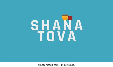 Rosh Hashanah holiday greeting with red apple and honey jar icons and english text "Shana Tova" meaning "Have a good year". flat design.