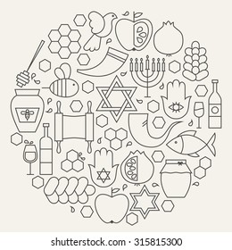 Rosh Hashanah Holiday Line Icons Set Circular Shaped. Vector Illustration of Jewish New Year Objects. Israel Judaism Traditional Items.