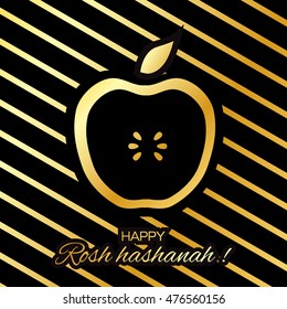 Rosh Hashanah holiday. Origami Gold Greeting card Jewish New Year. Stripes background with golden foil apple. Vector design illustration