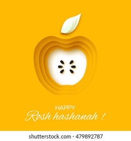 Rosh Hashanah holiday. Origami Greeting card Jewish New Year. Yellow background with apple. Vector design illustration