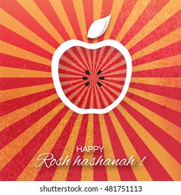 Rosh Hashanah holiday. Origami Greeting card Jewish New Year. Red background with apple. Vector design illustration