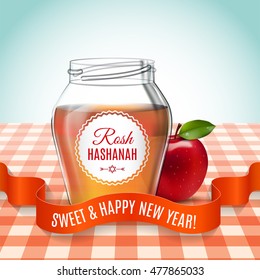 Rosh Hashanah holiday. Sweet and happy new year. Background with honey and apple on the table. Shana tova poster and set icon. Vector illustration. EPS 10