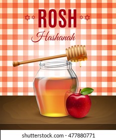 Rosh Hashanah holiday. Sweet and happy new year. Background with honey and apple on the table. Shana tova poster and set icon. Vector illustration. EPS 10