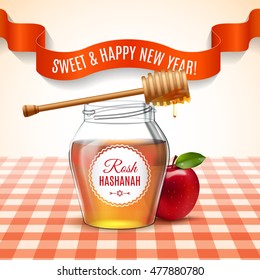 Rosh Hashanah holiday. Sweet and happy new year. Background with honey and apple on the tablecloth. Shana tova poster and set icon. Vector illustration. EPS 10