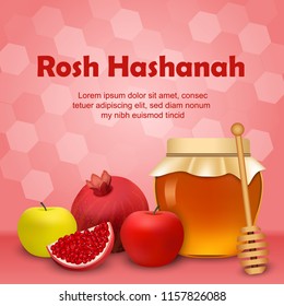 Rosh hashanah honey fruits concept background. Realistic illustration of rosh hashanah honey fruits vector concept background for web design