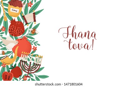 Rosh Hashanah horizontal backdrop with Shana Tova phrase decorated by menorah, shofar horn, honey, apples at left edge. Flat cartoon vector illustration for Jewish religious holiday celebration.