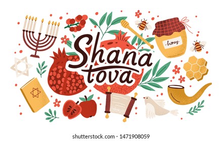 Rosh Hashanah horizontaler Hintergrund mit Shana Tova Inschrift dekoriert von menorah, Shofar Horn, Torah, Honig, Äpfel, Granatapfeln. Flache Cartoon Vektorgrafik für jüdische Neujahrsfeier.