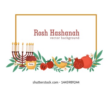 Rosh Hashanah horizontal banner or background decorated by menorah, shofar horn, honey, apples, pomegranates and leaves. Flat cartoon vector illustration for Jewish religious holiday celebration.