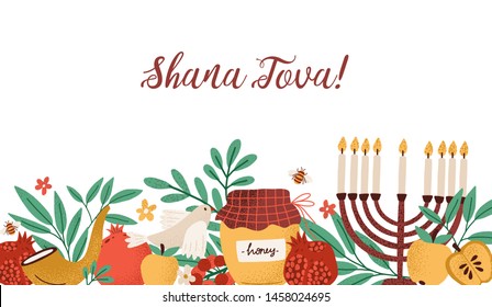 Rosh Hashanah horizontal banner with Shana Tova inscription decorated by menorah, shofar horn, honey, apples, pomegranates and leaves. Flat cartoon vector illustration for Jewish religious holiday.