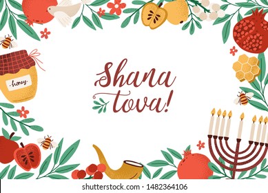 Rosh Hashanah horizontal banner template with Shana Tova lettering and frame with menorah, shofar horn, honey, apples and leaves. Flat cartoon vector illustration for Jewish new year celebration.