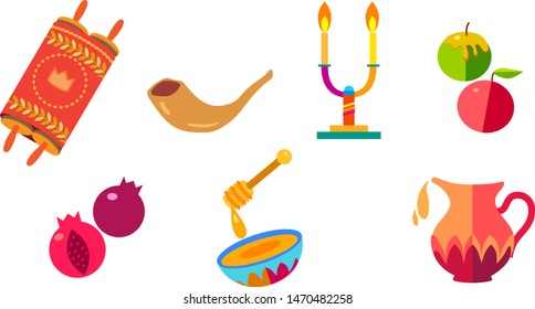 Rosh Hashanah icons greeting card set Jewish New Year elements. Shana Tova! Hebrew Have sweet year. Honey and apple, shofar pomegranate pattern torah scroll banner Rosh hashana sukkot Jewish Holiday