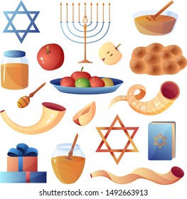 Rosh Hashanah icons set in a cartoon style. Jewish New Year holiday elements collection with honey, apples, candles, jewish stars, shofar, torah . Shana Tova vector illustration